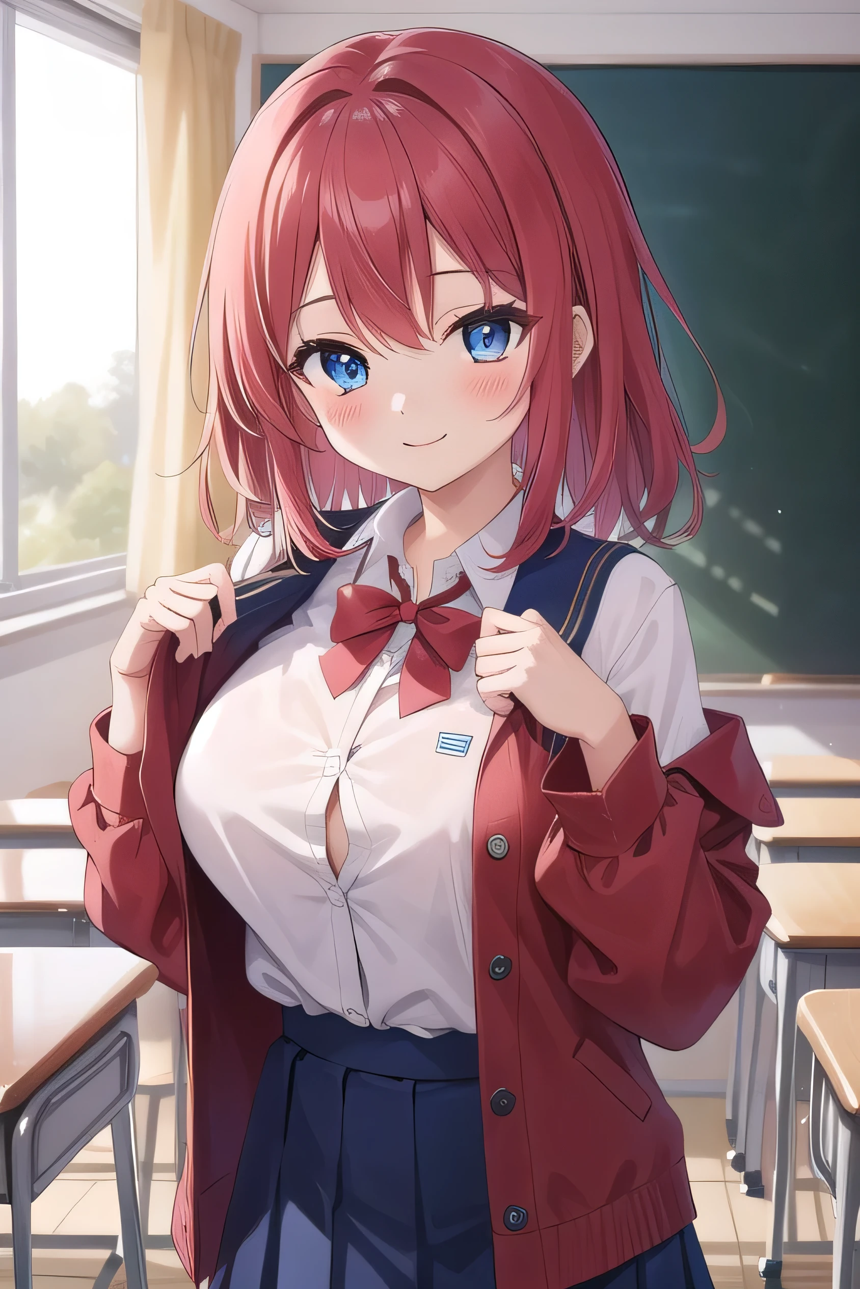 Big breasts, red hair, blue eyes, droopy eyes, red jacket, long sleeves, navy skirt, , super big breasts, (medium hair: 1), baggy clothes, elementary school studentt, 10 years old, old, shy Agari, smiling a little, clte shirt, softir，All the buttons on her shirt are undone and her bra is visible, a red bra.