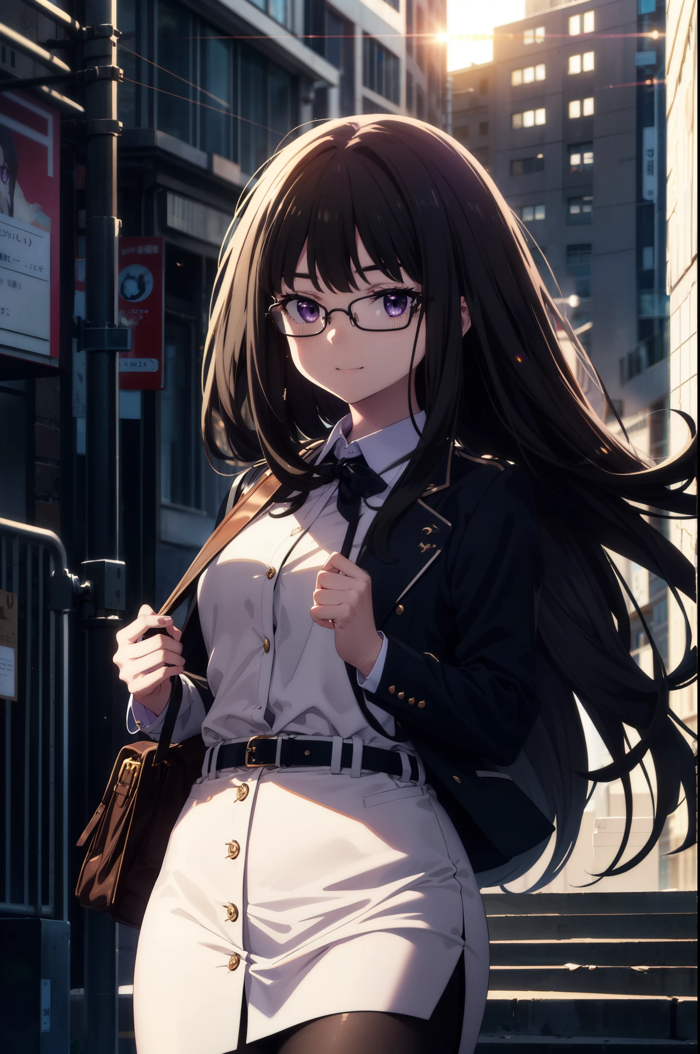 Takiuchi, Inoue Check, Long Hair, bangs, Black Hair, (Purple eyes:1.2),smile,
OL, Akagi Glasses, Black suit jacket, Collared jacket, White dress shirt, Collared shirt, Neckline, button, Black pencil skirt, Black Pantyhose,Stiletto heels,The sun is rising, break outdoors,city,area,シティストリート break looking at viewer, Upper Body,(Cowboy Shot:1.5), break (masterpiece:1.2), highest quality, High resolution, unity 8k wallpaper, (shape:0.8), (Beautiful details:1.6), Highly detailed face, Perfect lighting, Extremely detailed CG, (Perfect hands, Perfect Anatomy),