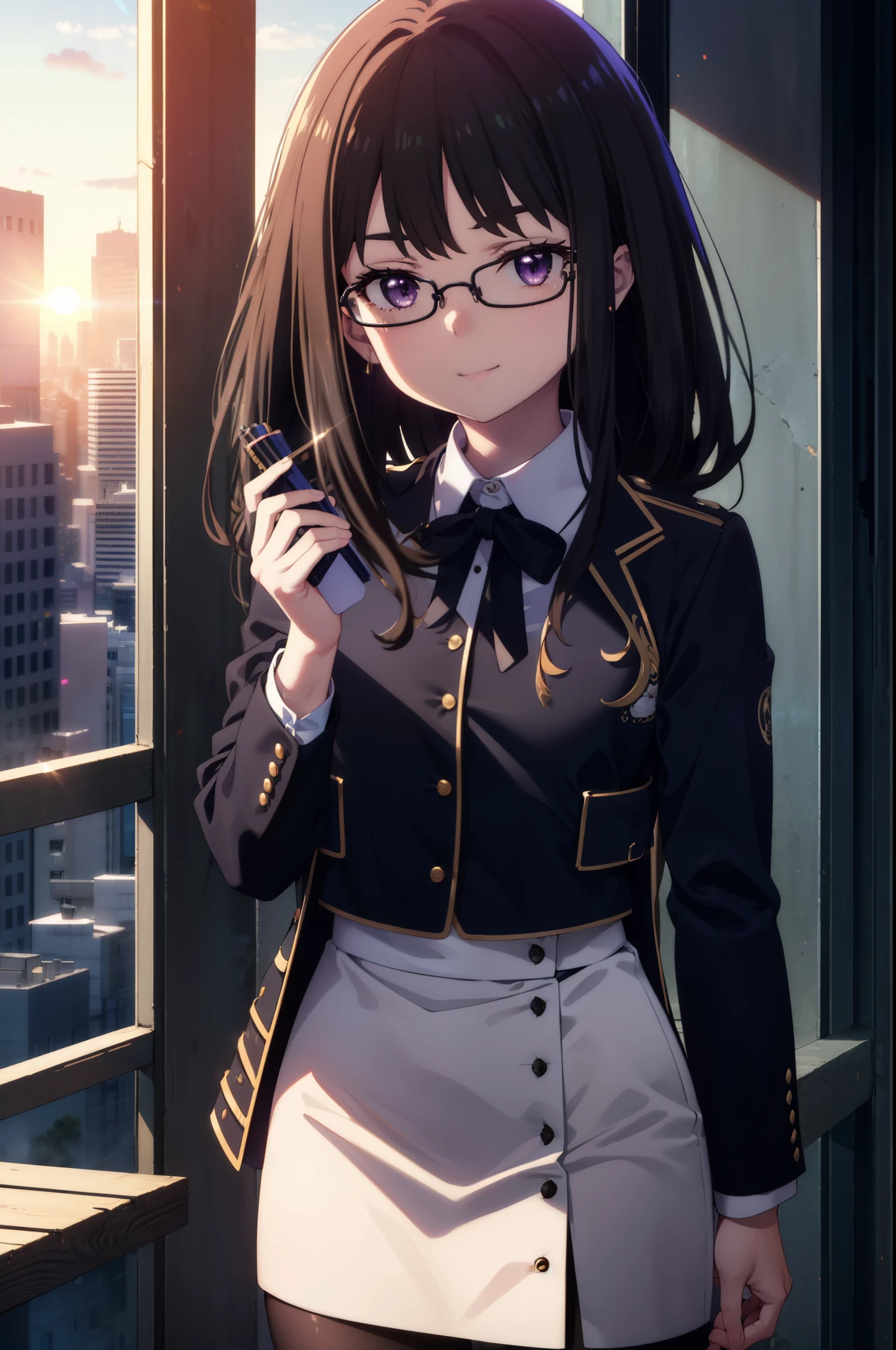 Takiuchi, Inoue Check, Long Hair, bangs, Black Hair, (Purple eyes:1.2),smile,
OL, Akagi Glasses, Black suit jacket, Collared jacket, White dress shirt, Collared shirt, Neckline, button, Black pencil skirt, Black Pantyhose,Stiletto heels,The sun is rising, break outdoors,city,area,シティストリート break looking at viewer, Upper Body,(Cowboy Shot:1.5), break (masterpiece:1.2), highest quality, High resolution, unity 8k wallpaper, (shape:0.8), (Beautiful details:1.6), Highly detailed face, Perfect lighting, Extremely detailed CG, (Perfect hands, Perfect Anatomy),