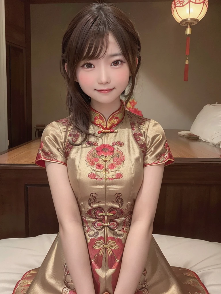 dress,Chinese clothing,china dress,brown hair, hair over shoulder, 21years old woman, grin, blush, Surrealism, Hyperrealism, Verism, wide shot, UHD, masterpiece, ccurate, anatomically correct, textured skin, super detail, high details, high quality, highres, 1080P, HD, 8k