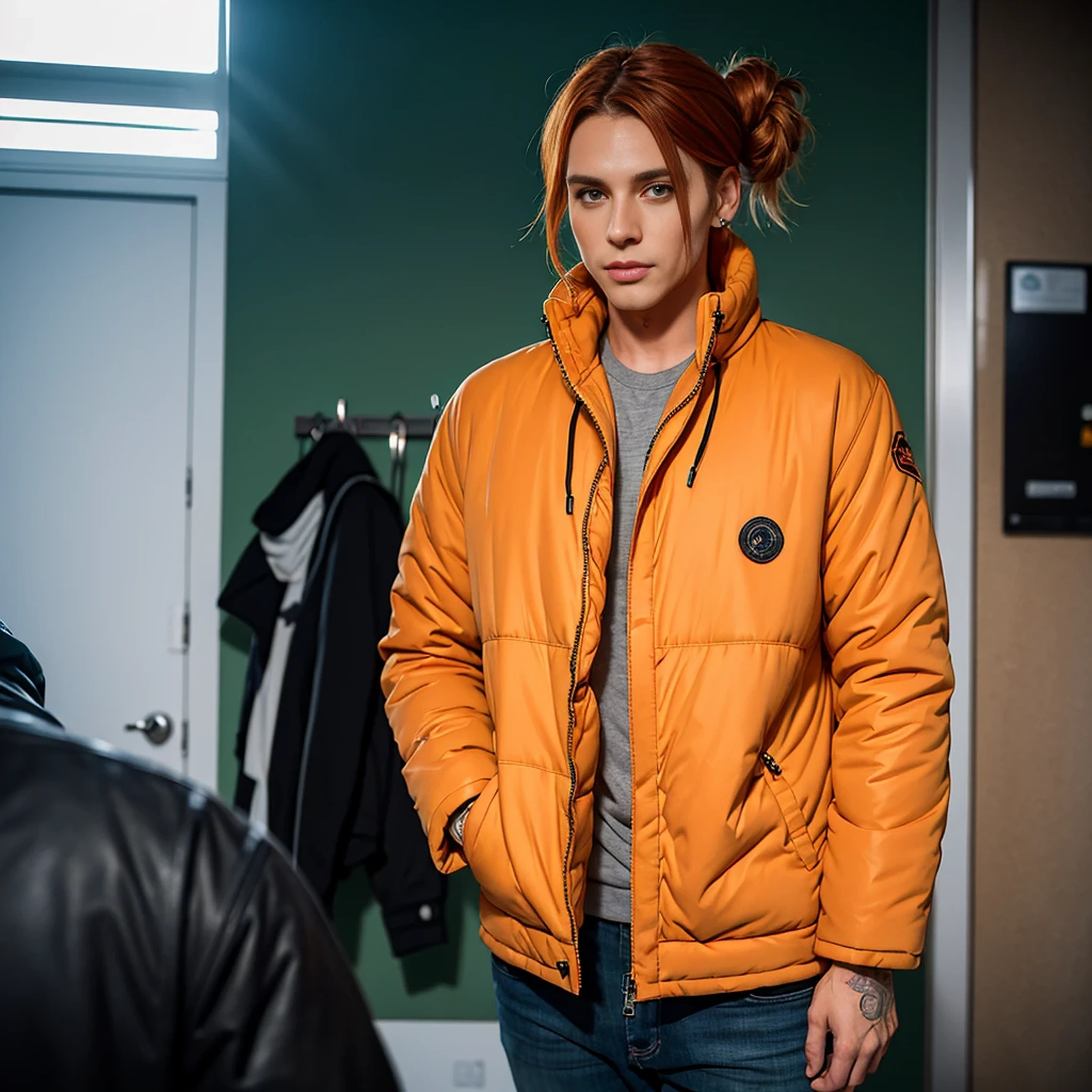 ((highest quality, masterpiece, 1 male, handsome, male, adult male, older guy, broad shoulders, tall height((big hair)), looking at the viewer ((green eyes)), ((orange hair, hair tied), standing, piercings, older face, adult, anime version, black coat outfit, tall man, anime, coat outfit, showing the whole character