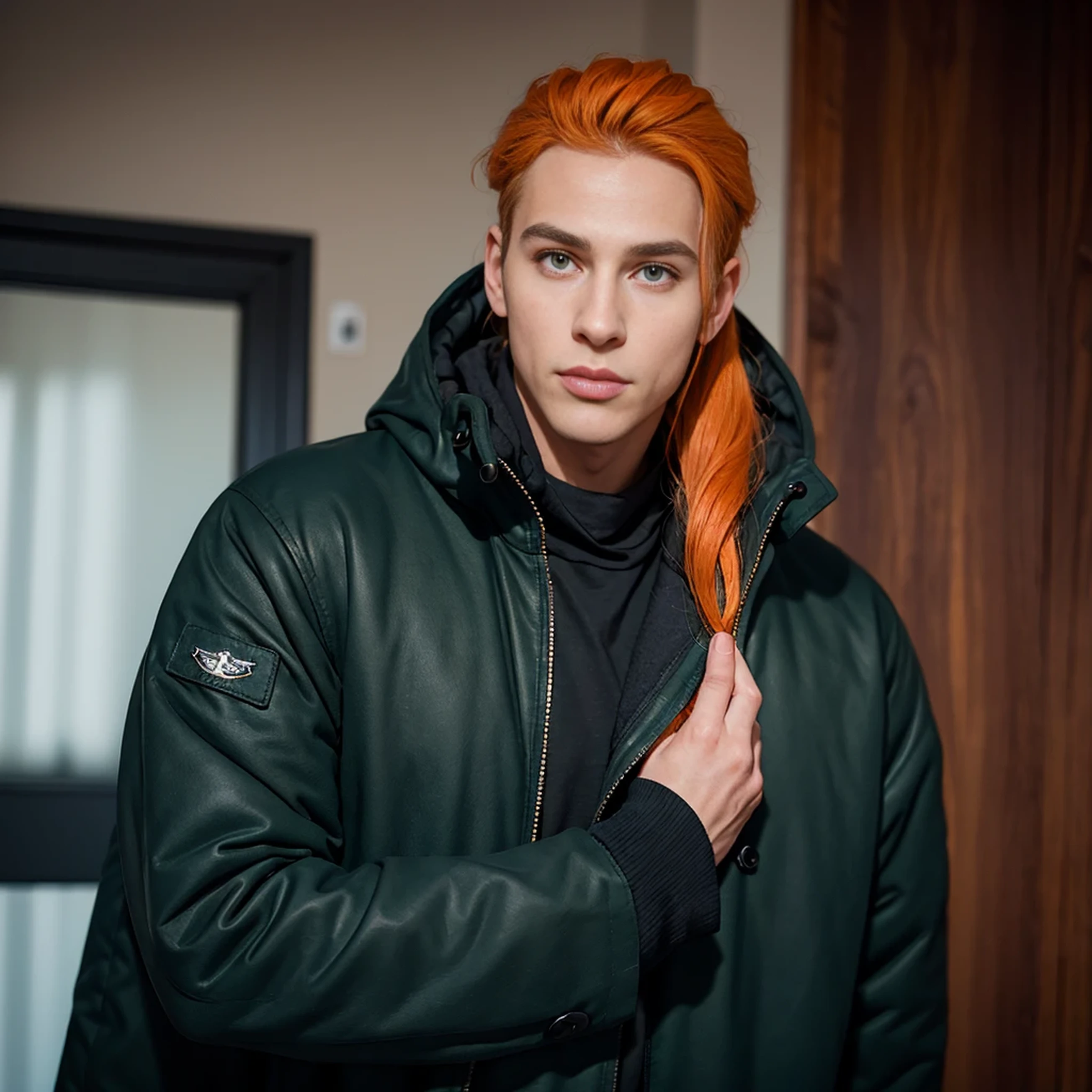 ((highest quality, masterpiece, 1 male, handsome, male, adult male, older guy, broad shoulders, tall height((big hair)), looking at the viewer ((green eyes)), ((orange hair, hair tied), standing, piercings, older face, adult, anime version, black coat outfit, tall man, anime, coat outfit, showing the whole character
