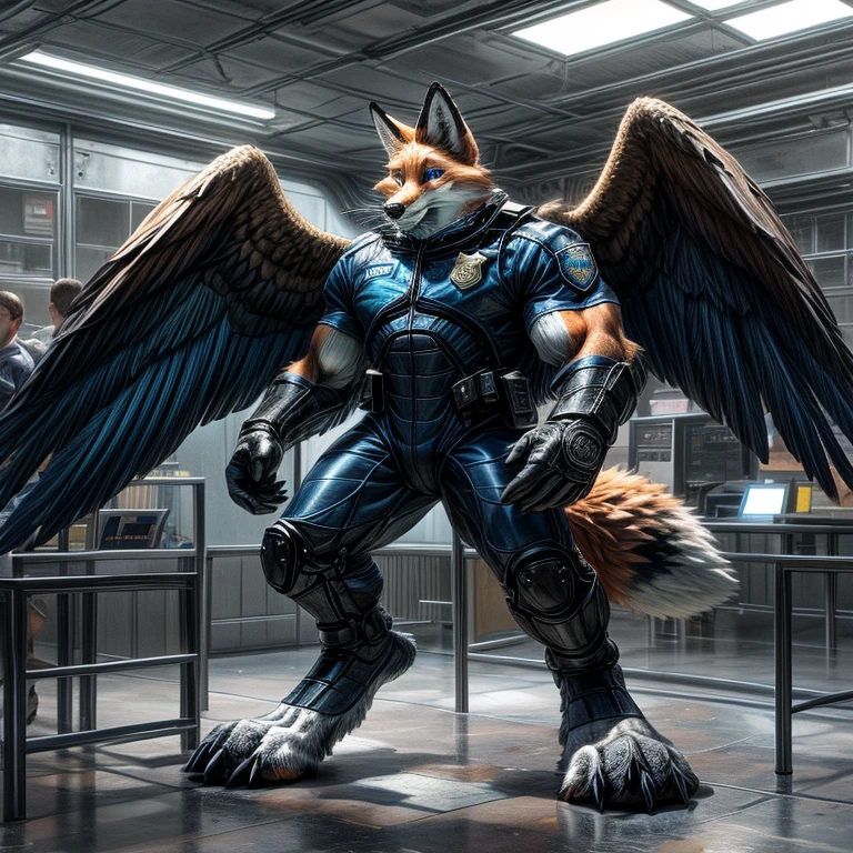 (((anthro muscle red fox, blue eyes, brown forearm, whiskers, black stripe on muzzle, digitigrate))), ((blue feathered wings)), in a (police station). (((human legs))), ((big paws)), (shocked expression), ((Space suit)), broad shoulders, big biceps, big pecs, big thighs, big abs(((big feet))), (detailed fox face), male focus, detailed eyes, high quality, best quality, concept art, photorealistic