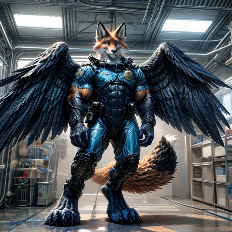 (((anthro muscle red fox, blue eyes, brown forearm, whiskers, black stripe on muzzle, digitigrate))), ((blue feathered wings)), in a (police station). (((human legs))), ((big paws)), (shocked expression), ((Space suit)), broad shoulders, big biceps, big pecs, big thighs, big abs(((big feet))), (detailed fox face), male focus, detailed eyes, high quality, best quality, concept art, photorealistic 