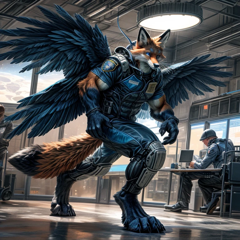 (((anthro muscle red fox, blue eyes, brown forearm, whiskers, black stripe on muzzle, digitigrate))), ((blue feathered wings)), in a (police station). (((human legs))), ((big paws)), (shocked expression), ((Space suit)), broad shoulders, big biceps, big pecs, big thighs, big abs(((big feet))), (detailed fox face), male focus, detailed eyes, high quality, best quality, concept art, photorealistic 