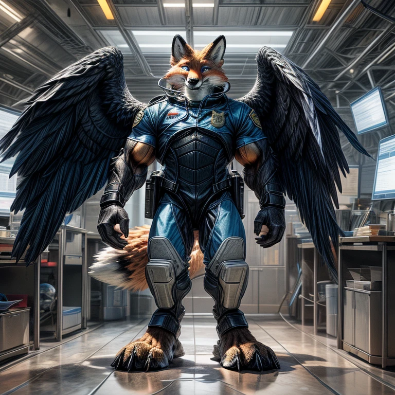 (((anthro muscle red fox, blue eyes, brown forearm, whiskers, black stripe on muzzle, digitigrate))), ((blue feathered wings)), in a (police station). (((human legs))), ((big paws)), (shocked expression), ((Space suit)), broad shoulders, big biceps, big pecs, big thighs, big abs(((big feet))), (detailed fox face), male focus, detailed eyes, high quality, best quality, concept art, photorealistic