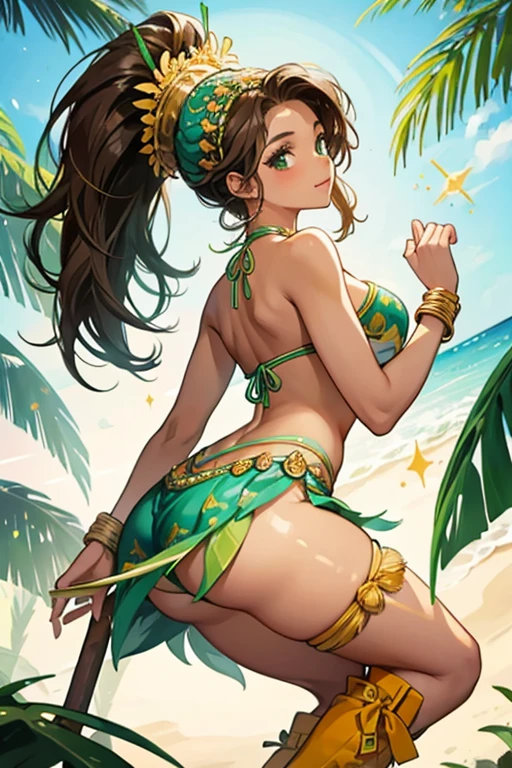 She is Brazilian, and has long brown hair and a tan skin tone. wears a traditional Brazilian festival attire in a shell motif. She wears a sea green traditional shell designed bikini and a yellow knee-high boots with a blue trim and a matching lace. She is worn slick-back in a high ponytail and wears a green samba feather headdress and matching large samba feathers on her back. SPARKLE; GLITTER