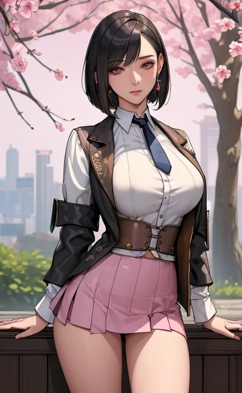(masterpiece:1.3), (Confused:1.3), (highest quality:1.3),Perfect Anatomy,Detailed face,steampunk, Victorian era,Hongkong,Horizontal angle,hand,View your viewers, (Very detailed:1.3),(Best Shadow:0.7), (Processed hair), Angled bob cut,Beautiful Eyes, Beautiful Eyes, 1 mature woman, alone, Are standing, Big Breasts, Crystal Earrings,Closed_mouth, arm_behind_return, (Cropped jacket,Flared mini skirt,White shirt,tie), Take a break outdoors, Chest is open、Pink nipples、