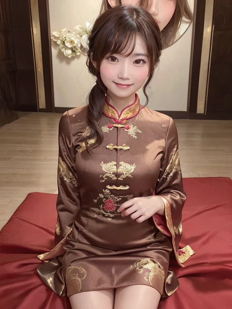 dress,Chinese clothing,china dress,brown hair, hair over shoulder, 26years old woman, grin, blush, Surrealism, Hyperrealism, Verism, wide shot, UHD, masterpiece, ccurate, anatomically correct, textured skin, super detail, high details, high quality, highres, 1080P, HD, 8k