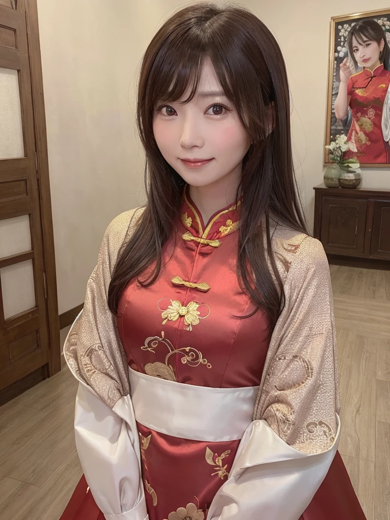dress,Chinese clothing,china dress,brown hair, hair over shoulder, 26years old woman, grin, blush, Surrealism, Hyperrealism, Verism, wide shot, UHD, masterpiece, ccurate, anatomically correct, textured skin, super detail, high details, high quality, highres, 1080P, HD, 8k
