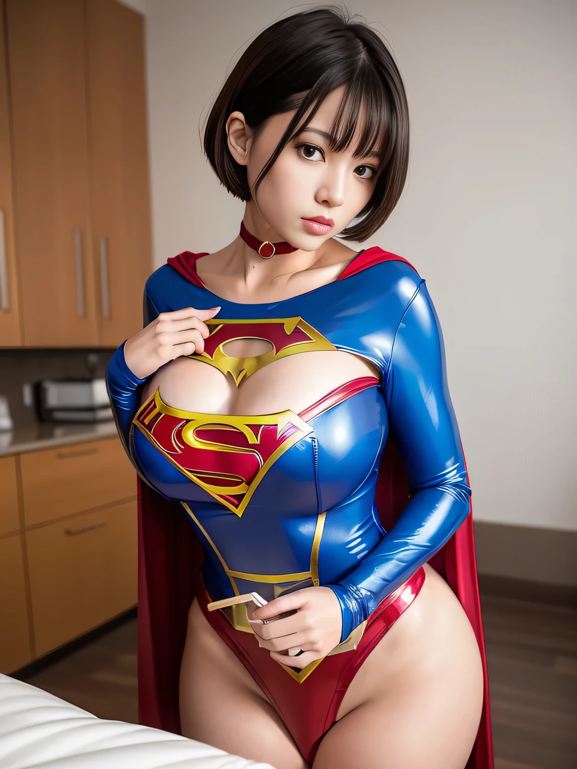 masterpiece、Enamel Supergirl Costume、Short Hair、Hospital operating table、Crisis situation、Big and ample breasts、looking at the camera、Shiny、Off the shoulder、choker、Long sleeve、Red exy poses to seduce、Sweaty、Model Body Type、Alluring、charm、Enchanting、abused、test subject、victim、Wild、Photorealistic、latex、