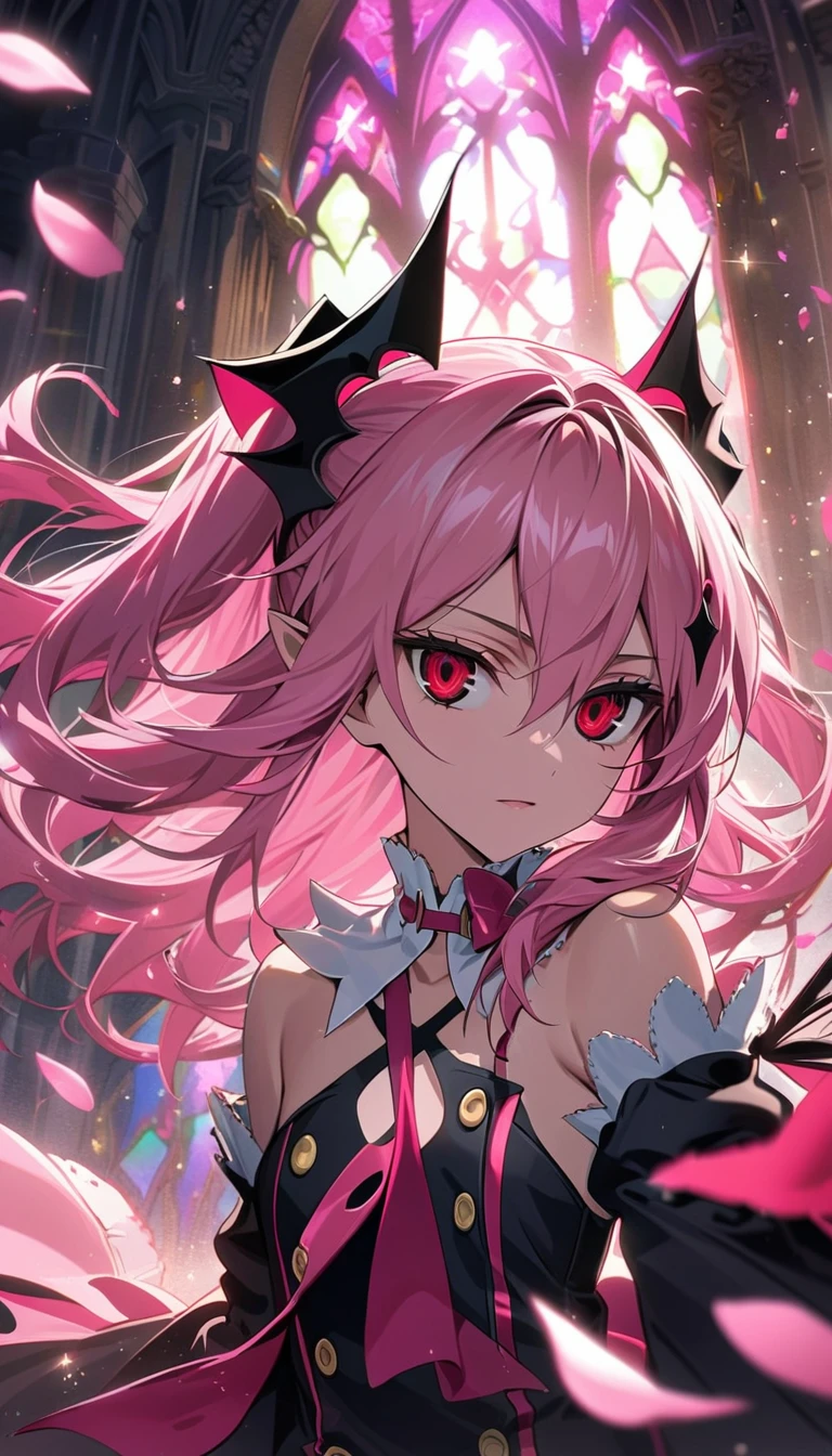 Ultra detailed, Highres, absurdres, HDR, Krul Tepes, pink long hair, expressive red eyes, Owari No Seraph, pink stained glass, pink flowers, petals, extremely beautiful, woman, perfect face, solo, very detailed eyes and face, pink glass, glittering, extremely pretty,