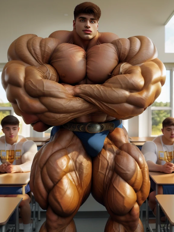 1boy, giant, model shoot style, looking at viewer, standing, illuminating light, golden hour, outdoor, strong body, bulk, swollen, buff body, large size, wide pecs, huge arms, vascular, standing, in the school classroom, belt, majestic underpants, prominent bulge, brutalmass