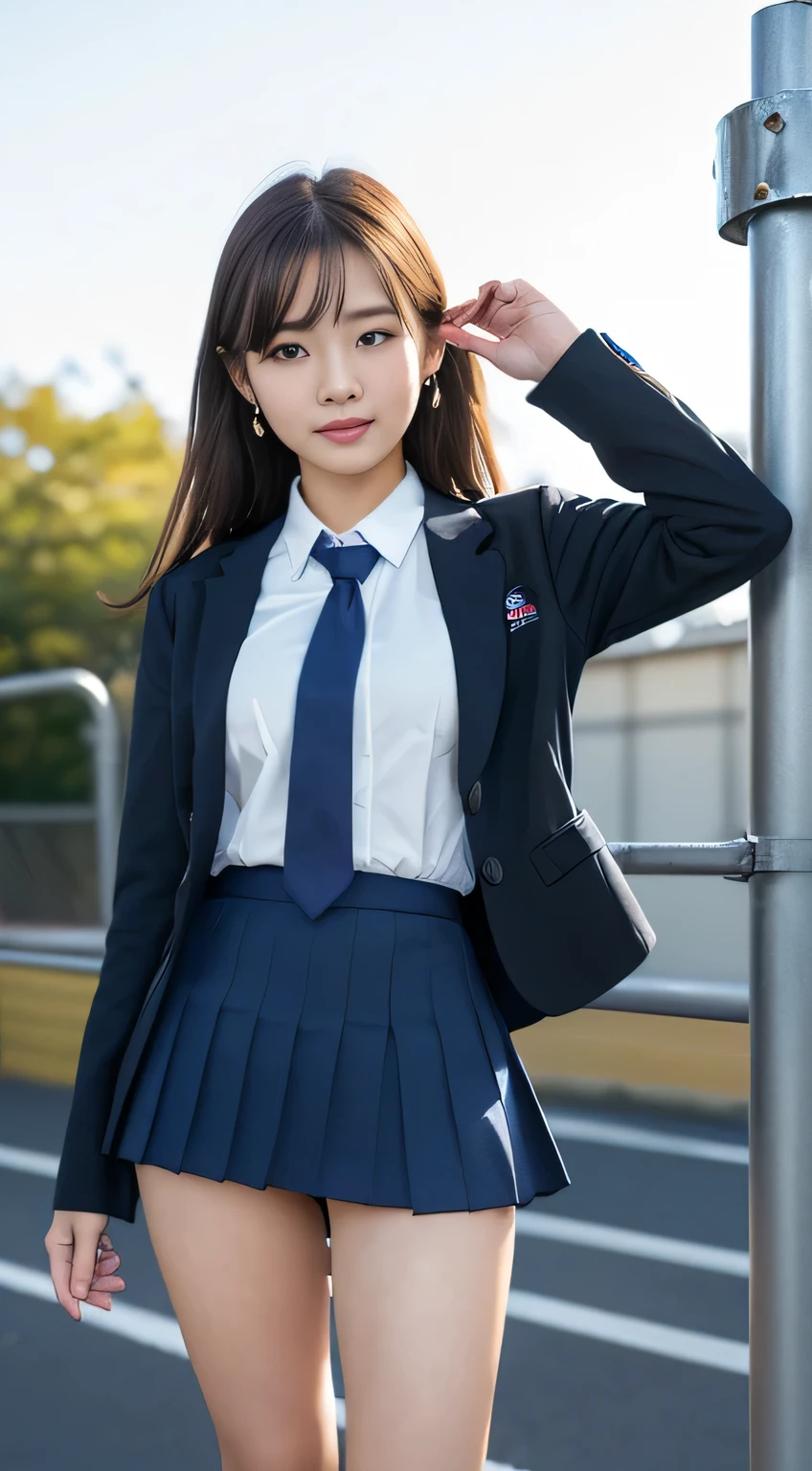 Mix 4, (16K, Raw photo, Best image quality, masterpiece: 1.45), (Realistic, Photorealistic: 1.37), One Girl, cute, Cityscape,, Professional Lighting, Photon Mapping, School classroom, Physically Based Rendering, Dark brown hair,Ponytail hairstyle, Beautiful, well-groomed eyes、double eyelid、With a girl, (((school uniform、blazer、Long-sleeved shirts worn by Japanese high school girls、Ribbon tie、Dark blue mini skirt,、Dark blue socks、Black Loafers))), Highest quality photos, High resolution, 1080p, (Clear Face), (Detailed face description), (Detailed hand description), (masterpiece), (Exquisite CGI)、Extreme light and shadow、Disheveled Hair、Masterwork、Rich details、(Beautiful Faces)、(Highest quality photoasseter muscle area)、(Detailed eyes)、Look in front of you、Thin clavicle、((Slim and large))、(((Japan wears long sleeve shirts)))、((Pure Idol))、((school gate、Schoolyard、School building in the background))、(Shot from random perspectives)、(((Anyway, cute)))、Earrings、Big smile、Drawing the whole body from the knees、No nasolabial folds、(((Sports bags used by Japanese female students)))、(big sagging breasts:1.2)、Firm big ass、Two arms and two legs、(((from the front:0.7)))、bare hands、(((Symmetrical eyes)))、Standing pose、Place your hands on the desk、