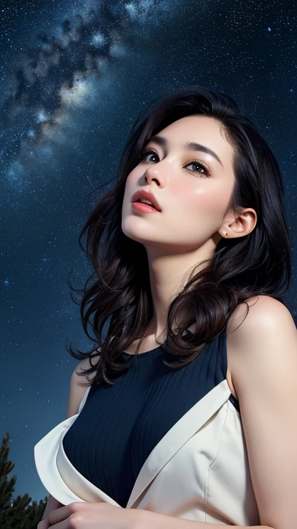 Create a couple of men and woman realistic photo, under an outstanding scene of starry night, photo taken from below, real skin texture, super fine art,