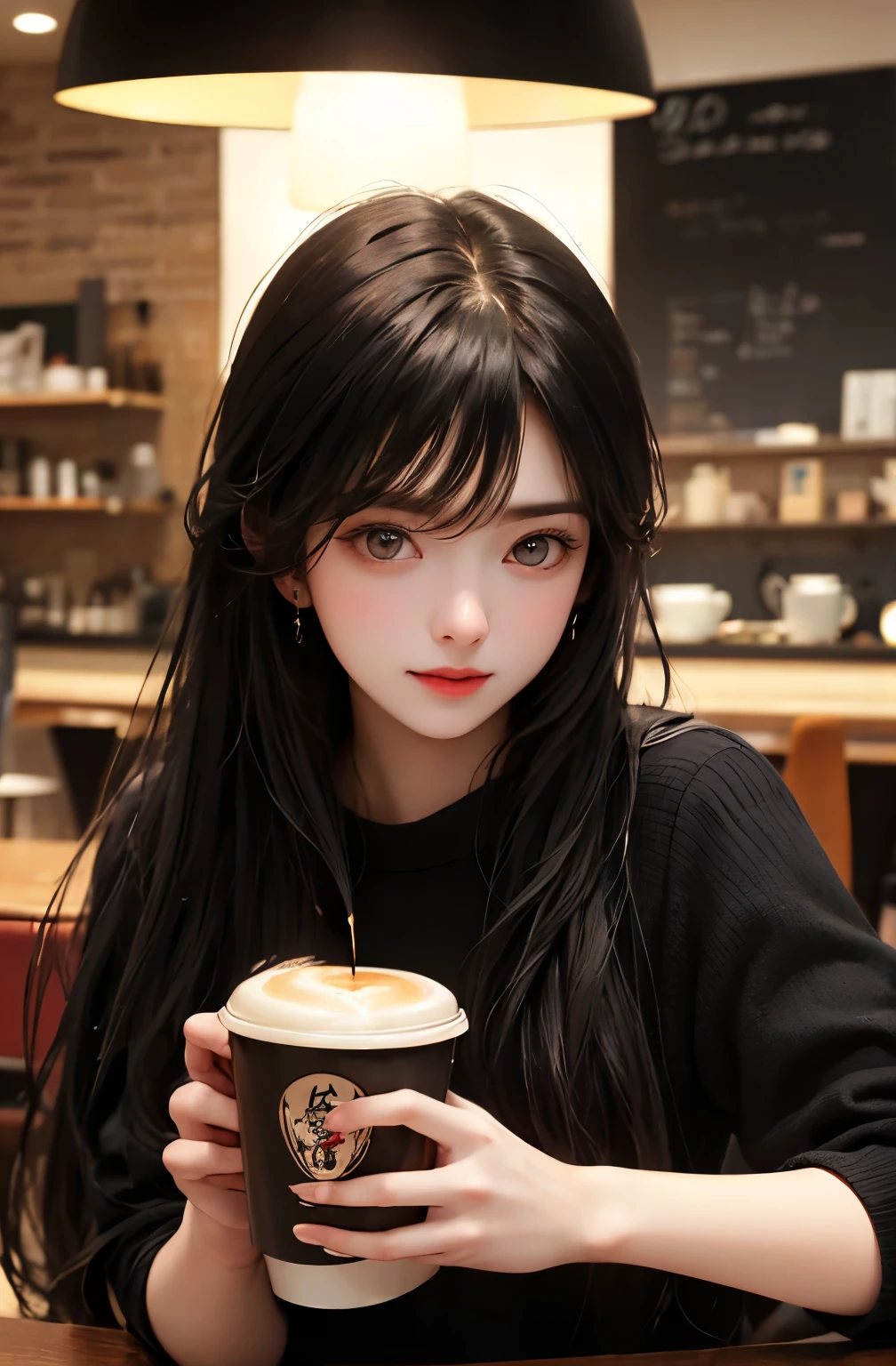 Beautiful woman drinking coffee in a cafe、Long Hair、bangs