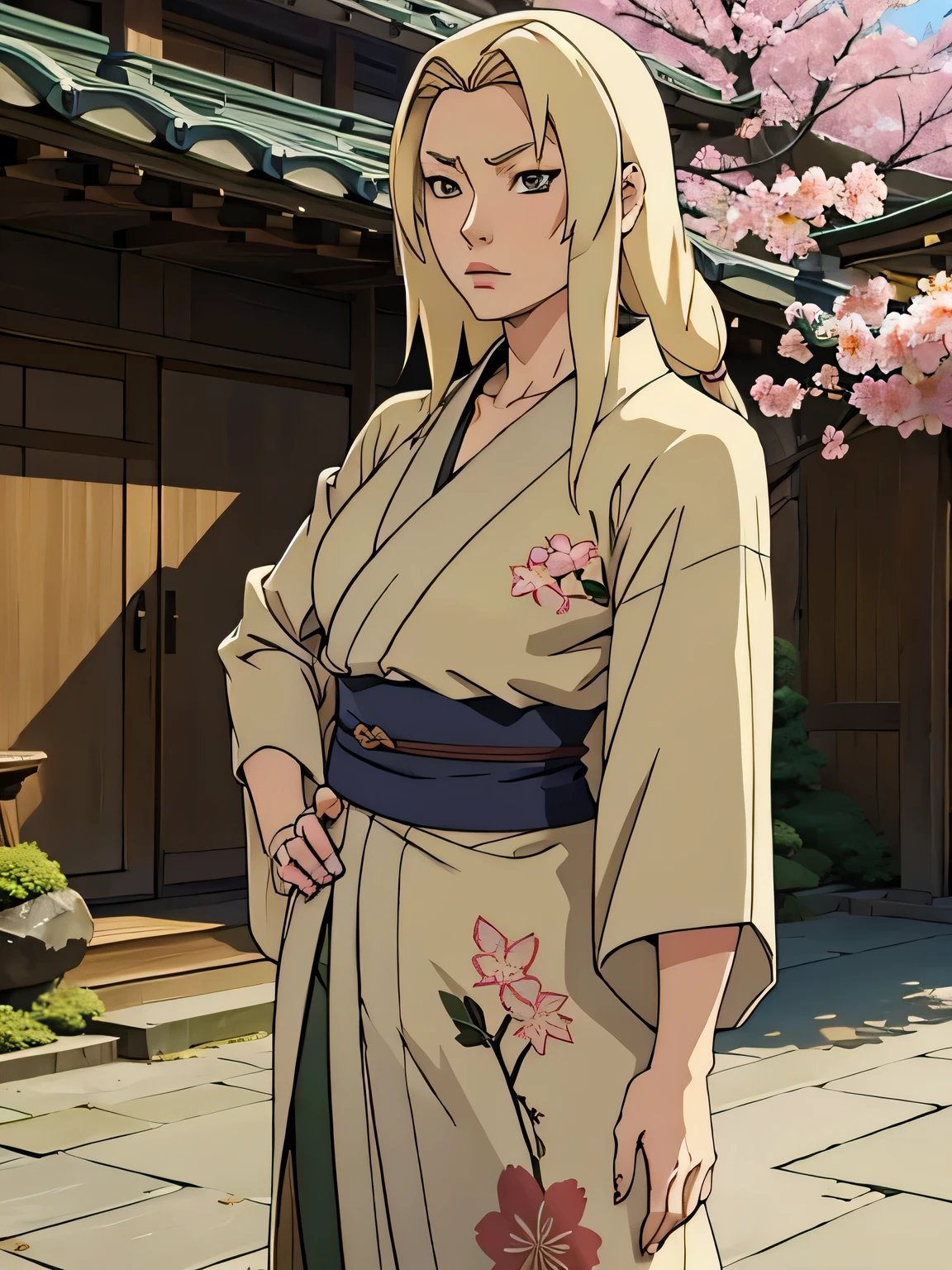 Tsunade, blonde, flowery kimono, cloak, japanese garden, standing, hands on hips