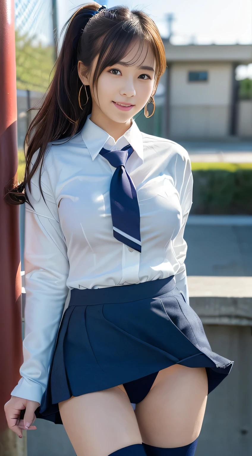 Mix 4, (16K, Raw photo, Best image quality, masterpiece: 1.45), (Realistic, Photorealistic: 1.37), One Girl, cute, Cityscape,, Professional Lighting, Photon Mapping, School classroom, Physically Based Rendering, Dark brown hair,Ponytail hairstyle, Beautiful, well-groomed eyes、double eyelid、With a girl, (((school uniform、blazer、Long-sleeved shirts worn by Japanese high school girls、Ribbon tie、Dark blue mini skirt,、Dark blue socks、Black Loafers))), Highest quality photos, High resolution, 1080p, (Clear Face), (Detailed face description), (Detailed hand description), (masterpiece), (Exquisite CGI)、Extreme light and shadow、Disheveled Hair、Masterwork、Rich details、(Beautiful Faces)、(Highest quality photoasseter muscle area)、(Detailed eyes)、Look in front of you、Thin clavicle、((Slim and large))、(((Japan wears long sleeve shirts)))、((Pure Idol))、((school gate、Schoolyard、School building in the background))、(Shot from random perspectives)、(((Anyway, cute)))、Earrings、Big smile、Drawing the whole body from the knees、No nasolabial folds、(((Sports bags used by Japanese female students)))、(big sagging breasts:1.2)、Firm big ass、Two arms and two legs、(((from the front:0.7)))、bare hands、(((Symmetrical eyes)))、Standing pose、Place your hands on the desk、