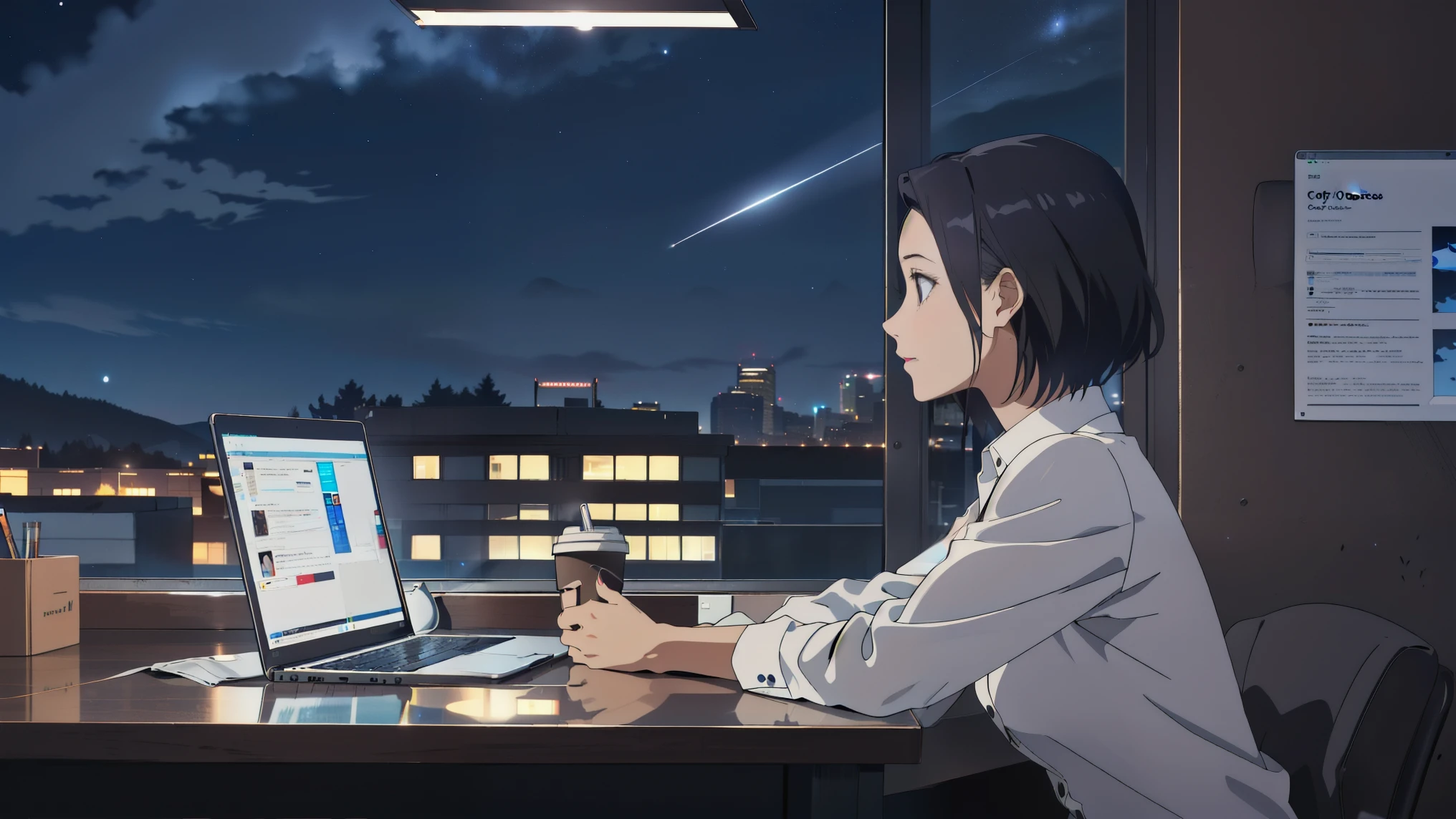 (RAW Photos, highest quality), One girl, Night Sky, Mature Woman, Dark office,Perfect spot lighting,Coffee in one hand,Looking out,Laptops
