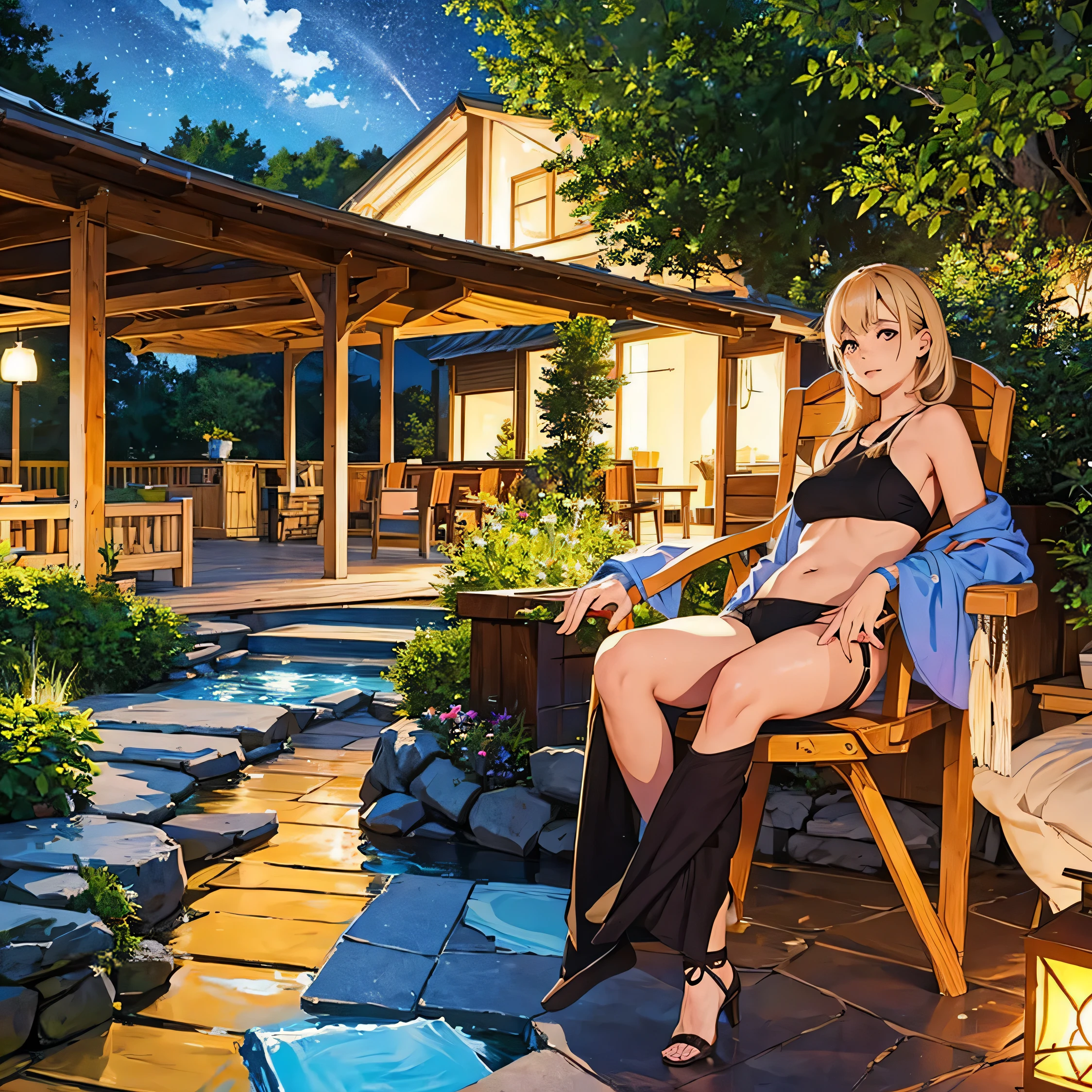 landscape, summer, night, forest, campfire in one place, unmanned, nobody, starry sky, HD detail, ultra detail, film, hyper realism, soft light, deep focus bokeh, ray tracing, hyper realism. , Art Station pixiv Gwise, Makoto Shinkai, Art Germ