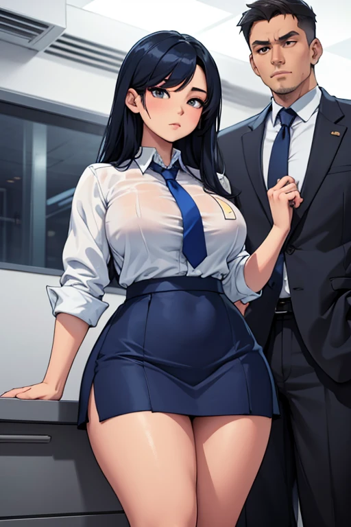 a hot asian girl with big and wide hips wearing a tiny dark blue skirt and a white shirt and a dark blue tie leaning on a mans chest sudusively