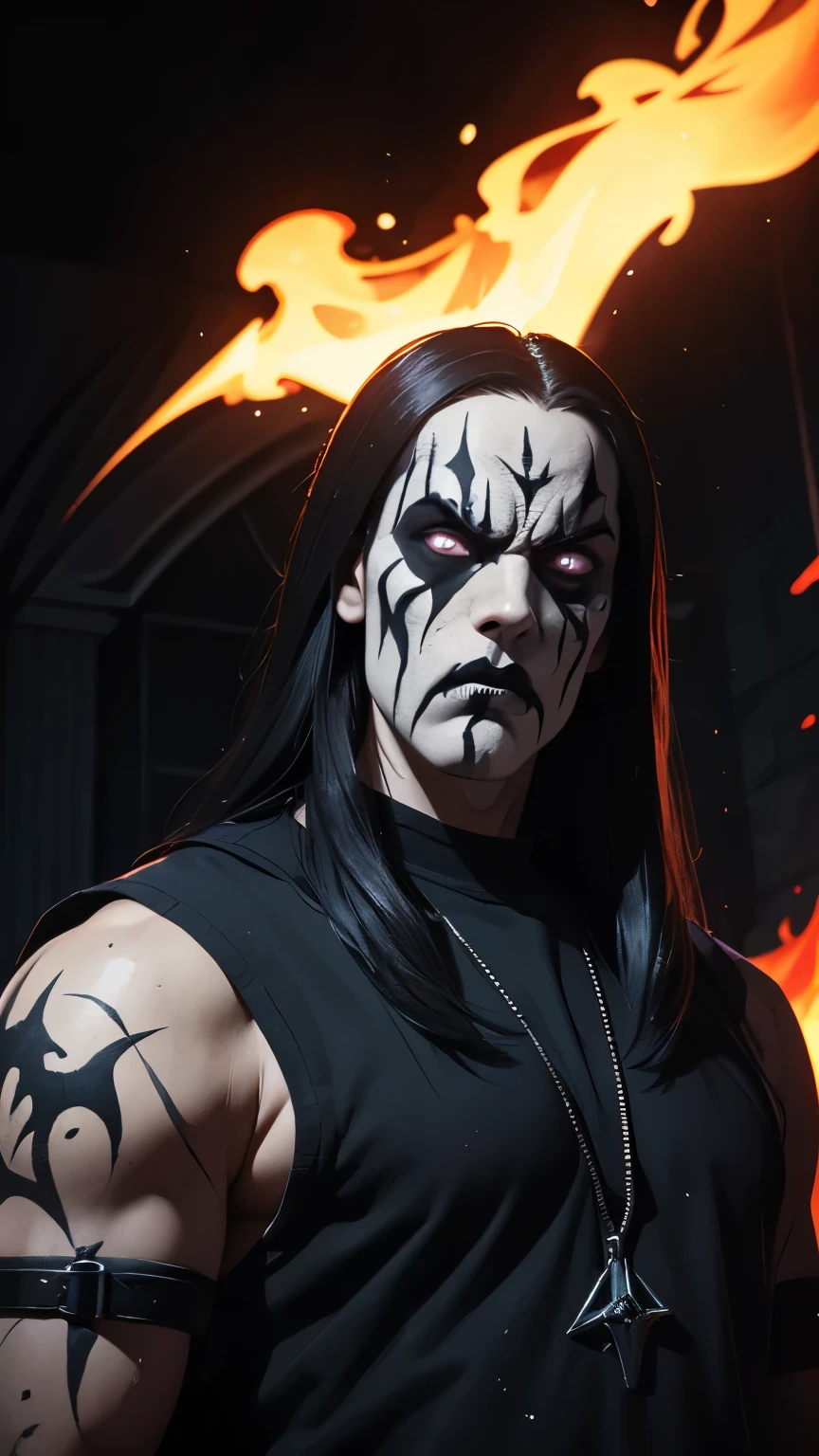 (masterpiece, best quality:1.2), (((1man, male))) , solo, highres, best quality, Half body shot of a strong Man, pale white skin angry man with (((black metal corpsy paint))), ((Angry face)) , heavy White and Black face paint, wearing a black and silver armor, spike, in a gothic cemitery, at night, horror movie. high details, super detail, textured skin, masterpiece, UHD, 4K, 8k. ((Cinematic lighting)). Church on fire background 