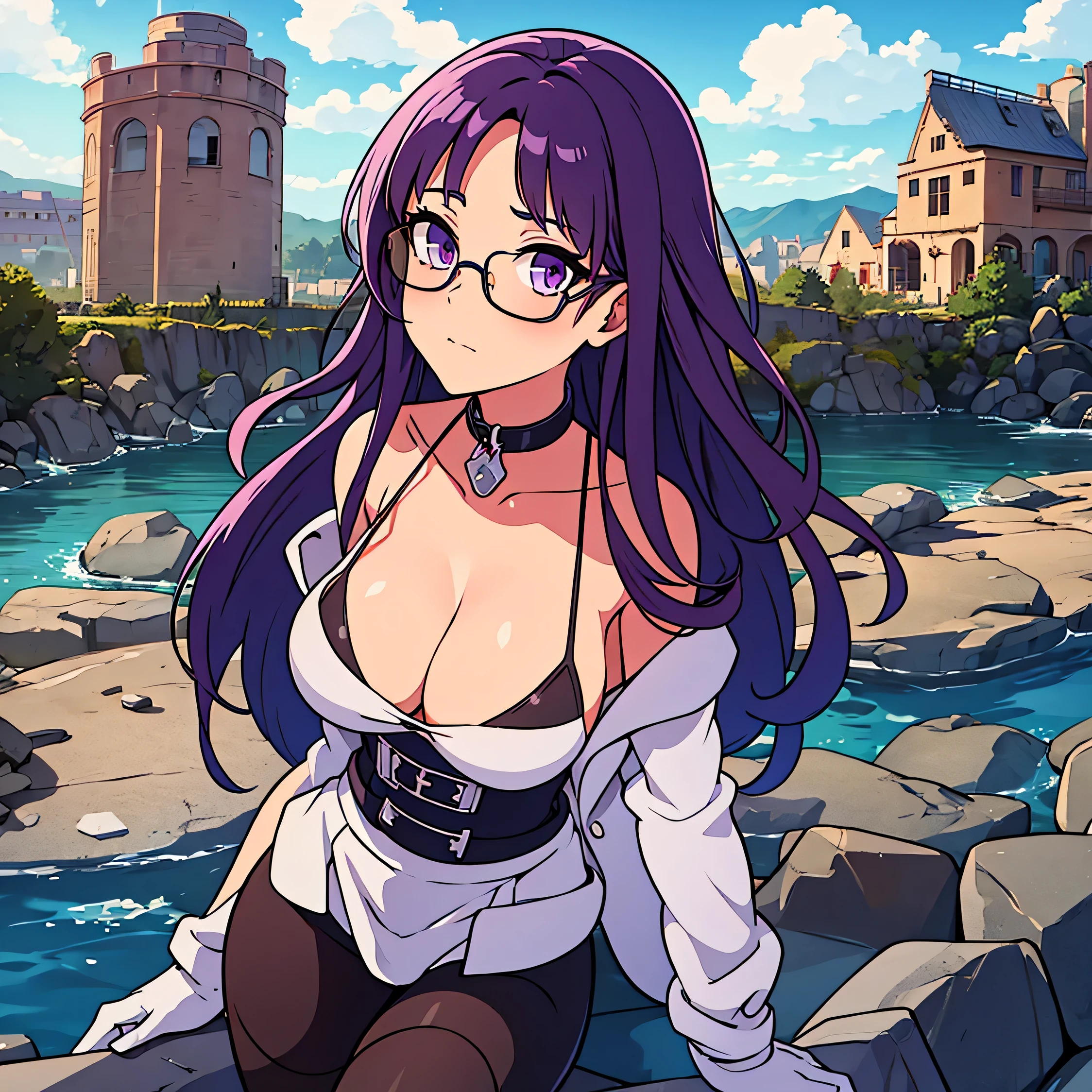masterpiece, best quality,kfk, 1girl, bangs, bare_shoulders, skirt, breasts, gloves, jewelry, large_breasts, long_hair, long_sleeves, pantyhose, purple_eyes, purple_hair, shirt, solo,viewer,sunglasses,bikini, (sun, cloud,renaissance city around water,outdoors :1.1),rendered in blender((isometric)),