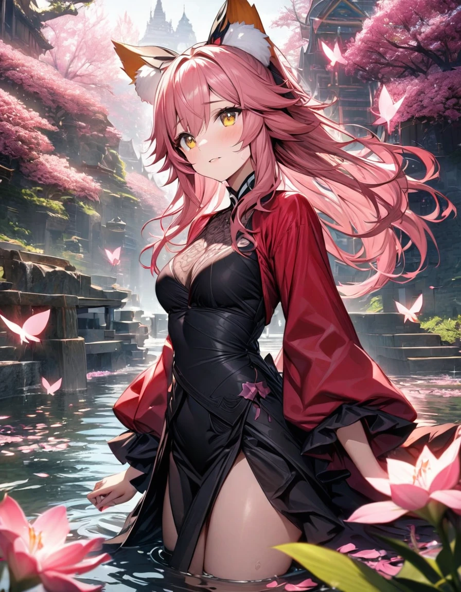 absurdres, highres, ultra detailed, HDR, master piece, best quality, Tamamo No Mae, pink hair, expressive yellow eyes, Fate Extra, solo, girl, extremely beautiful, pretty, black dress, red jacket, patterns, pink shining butterflies, pink lilies, pink petals, water