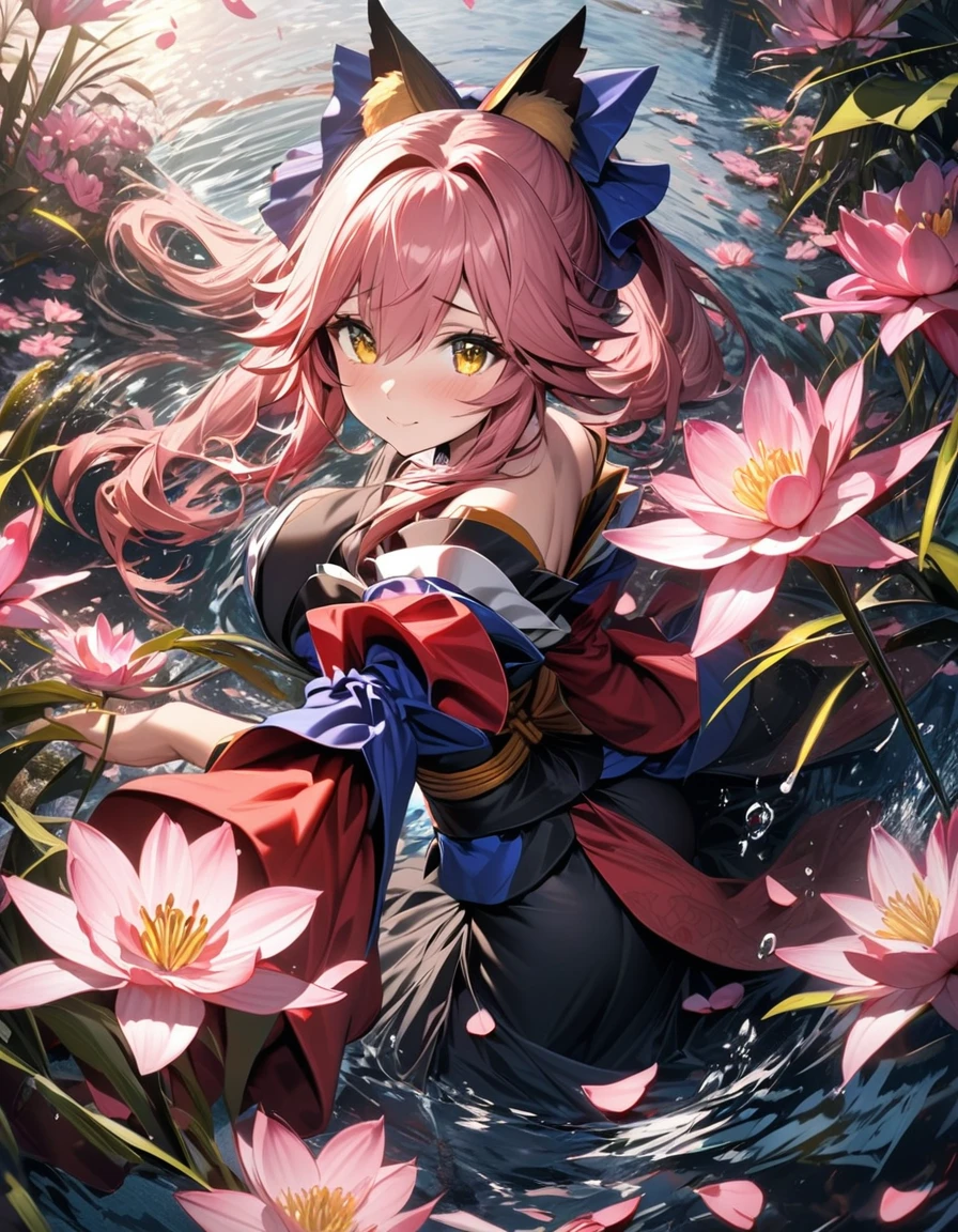 absurdres, highres, ultra detailed, HDR, master piece, best quality, Tamamo No Mae, pink hair, expressive yellow eyes, Fate Extra, solo, girl, extremely beautiful, pretty, black dress, red jacket, patterns, pink shining butterflies, pink lilies, pink petals, water