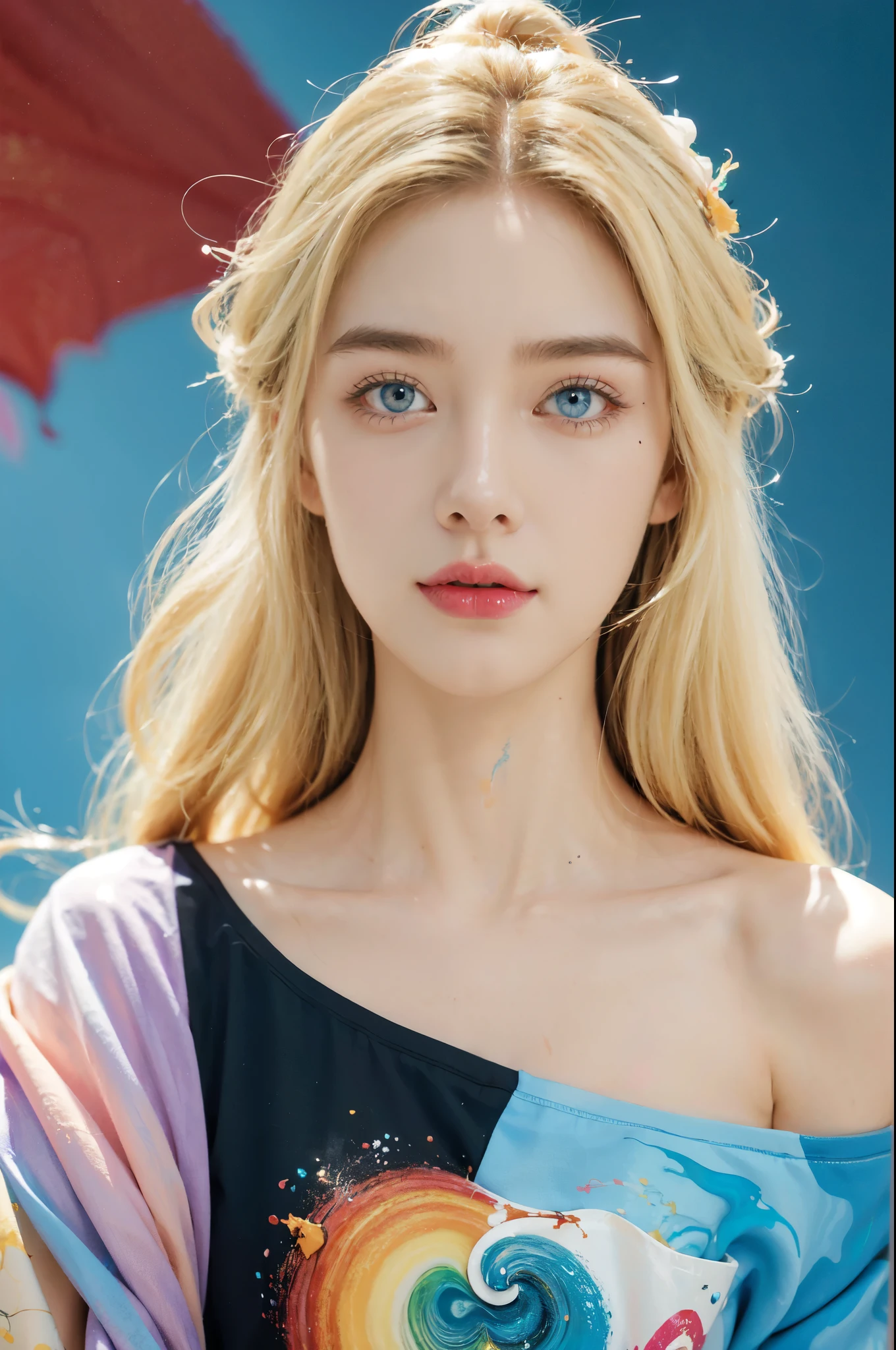 （Colorful Fashion T-Shirts：1.9），（blond：1.8），（Rainbow all colors：1.8），（（（（（Vertical painting：1.6））），（painting：1.6），front，comics，illustration，，big eyes，crystal clear，（Golden Gradientlong hair：1.7），Exquisite makeup，Shut up，（Little fresh：1.5），（Tube top：1.6），long eyelashes，Colorful off-shoulder T-shirt，looking at the audience，Big watery eyes，（blond hair：1.6），Color splash，（solo：1.8），Color splash，Color explosion，Heavy Paintworkwind，Messy lines，（（Shiny）） ，（Colorful），（Colorful），（Colorful），Colorful，Heavy Paintworkwind，（splash）（Color splash），vertical，Upper body，Paintworksplash，acrylic paint，Gradient，Paintwork，Highest image quality，highest quality，masterpiece，solo，depth of field，face painting，colorful clothes，（grace：1.2），gorgeous，long hair，wind，（grace：1.3），（petal：1.4），（（（masterpiece））），（（（））），（（Super detailed）），（illustration），（dynamic angle） ,((float)),(Paintwork),((disheveled hair)),(solo),(1girl),(((Detailed Anima face))),(((Beautiful detailed face)),neckwear,bare shoulders,blonde,((blonde)),((blonde)),Beautiful and delicate eyes,(blue eyes),(((blue eyes))),(((Colorful background))),(((high saturation) )),(((Surrounded by colorful splash))),(((Colorful background))),(((high saturation))),(((Surrounded by colorful splash))),(((Colorful background))),(((high saturation))),(((Surrounded by colorful splash))),