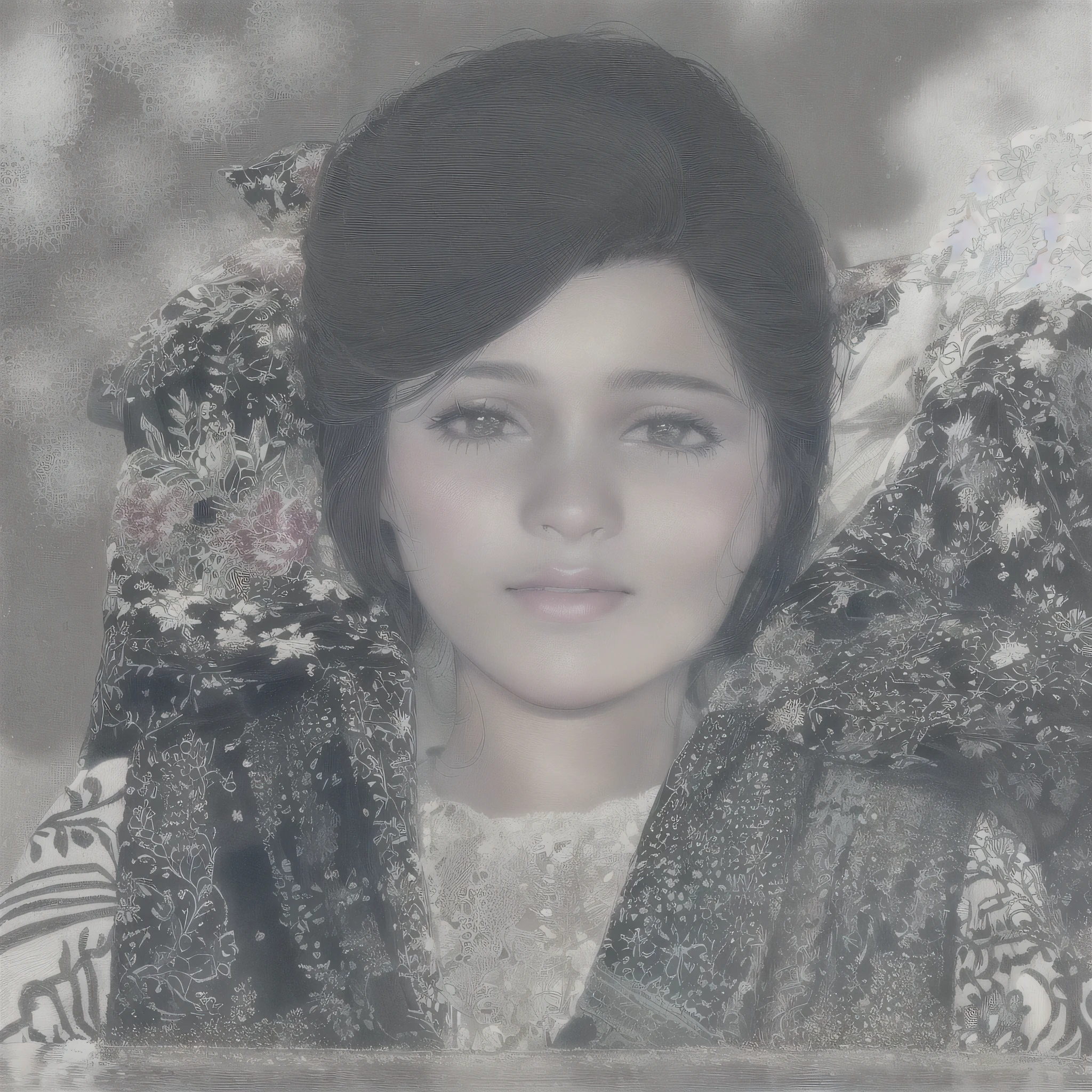 there is a picture of a woman, old picture, a colorized photo, digital art but photo, faridah malik, around 1 , photo of the girl, 2. smoking, young girl, colourized, digital art picture, looks like ebru şahin, aged 13