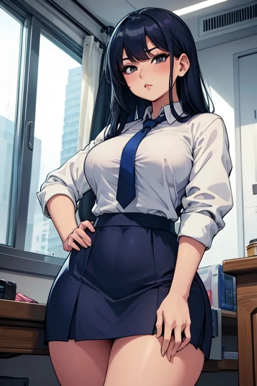 a hot asian girl with big and wide hips wearing a tiny dark blue skirt and a white shirt and a dark blue tie leaning on a mans chest sudusively
