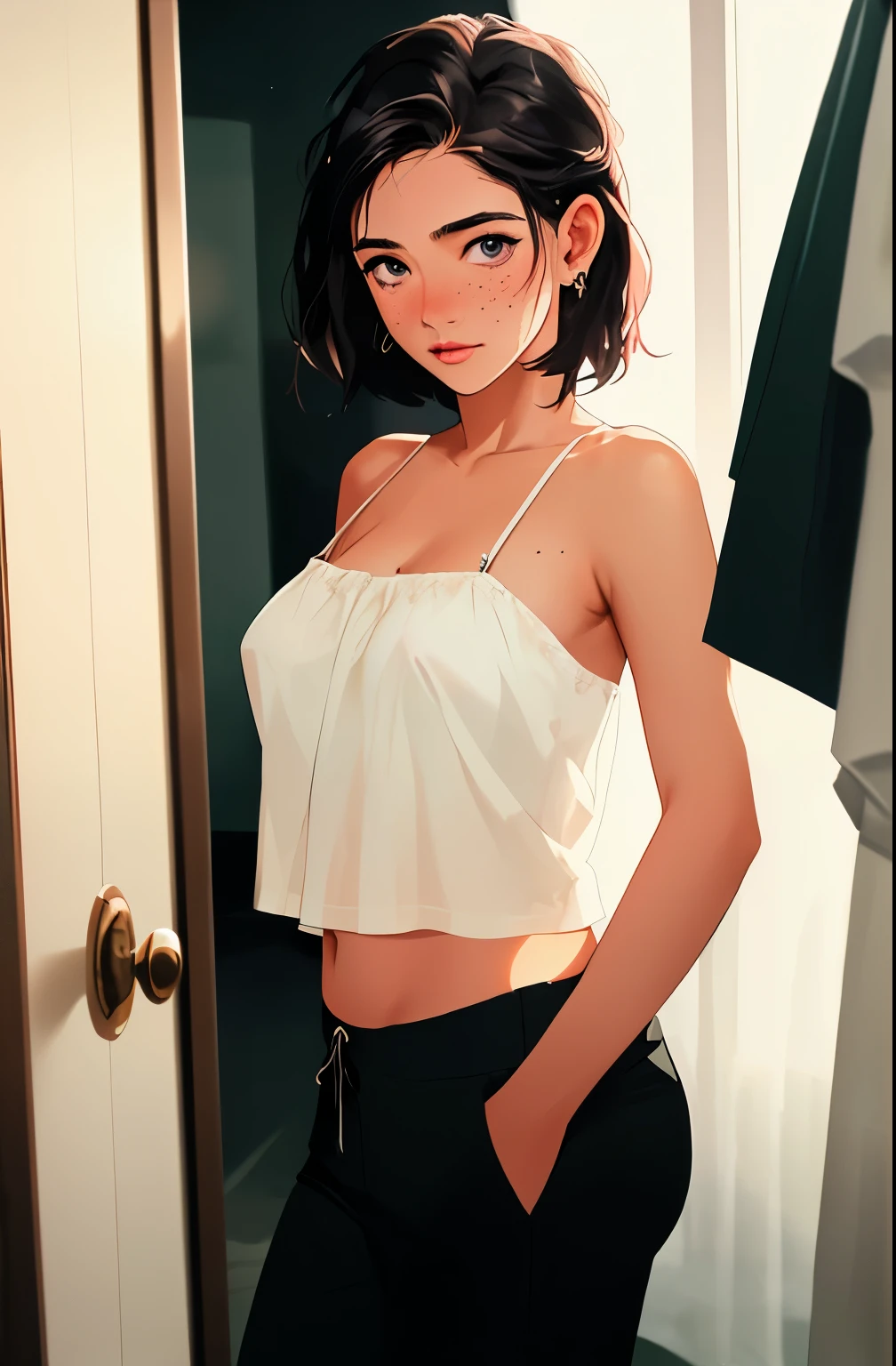 (Masterpiece:1.2),(CGI Art:1.3),(Realistic:1.5),(post-proces:1.3),(Sharp focus:1.3),8K,1 girl getting dressed in her room, short hair ((Upper body)), ((((riskyproject)))), (((Shiny skin))), (Wide shot:1.4), window, (((wet clothes see through))), (high shadows detail) , (illustration:1.2), (Ulzzang-6500:1.0), ((hdr)),, wet skin, thong, dark eyeliner, perky nipples, small breasts, lidded eyes, gray eyes, duck lips
