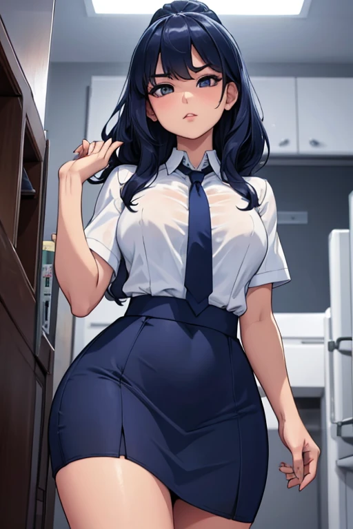 a hot asian girl with big  and wide hips wearing a tiny dark blue skirt and a white shirt and a tiny dark blue tie leaning on a mans chest sudusively