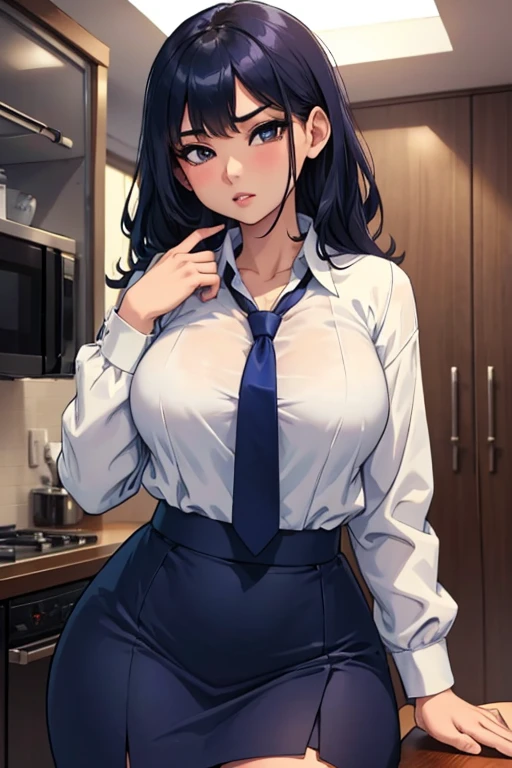 a hot asian girl with big and wide hips wearing a tiny dark blue skirt and a white shirt and a tiny dark blue tie leaning on a mans chest sudusively