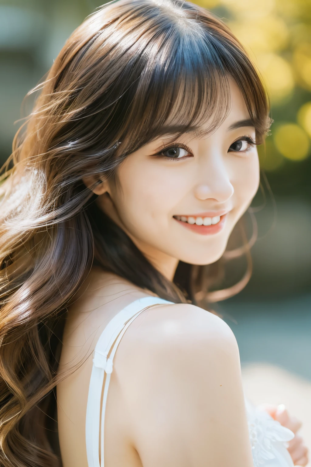 (highest quality,High resolution,Very detailed),Portraiture,Beautiful Japanese Women,Beautiful fine details,Beautiful lip detail,Very detailed顔,Long eyelashes,A kind smile,Flowing Hair,Natural light,Vibrant colors