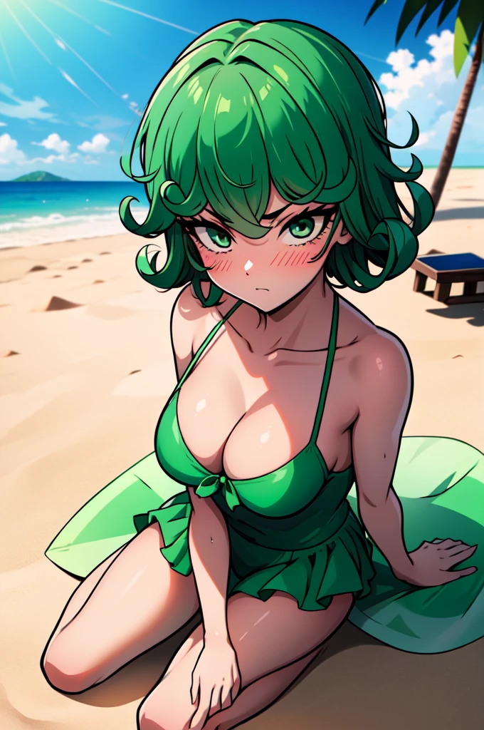 absurdres, highres, ultra detailed, tatsumakitornado, short green hair, curly hair, green bikini, , outdoors, from below, looking away, green eyes ,full body ,looking at viewer, blushing ,sitting on the sand, on date