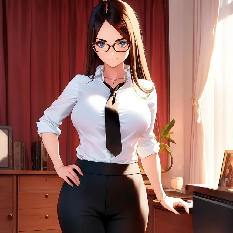 masterpiece, best quality, high resolution, UHD, 8k, ((cowboy shot)), BREAK, 1 girl, ((girl style anime)), Glossy skin,  rounded eye, beautiful eyelash, realistic eye, beautiful woman,  brown ligth hair, long hair,  with white highlights, Long Straight haircut,  perfect body, medium breasts, wearing black glasses, BREAK, detailed clothes, beautiful face, wearing  in black close formal suit  with a white shirt, red tie, black pants, BREAK, standing touching his glasses with a weak smile, in an office with many papers and folders and a small statue of justice.