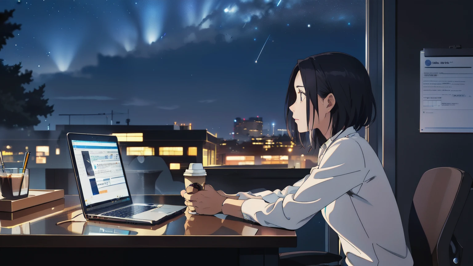 (RAW Photos, highest quality), One girl, Night Sky, Mature Woman, Dark office,Perfect spot lighting,Coffee in one hand,Looking out,Laptops