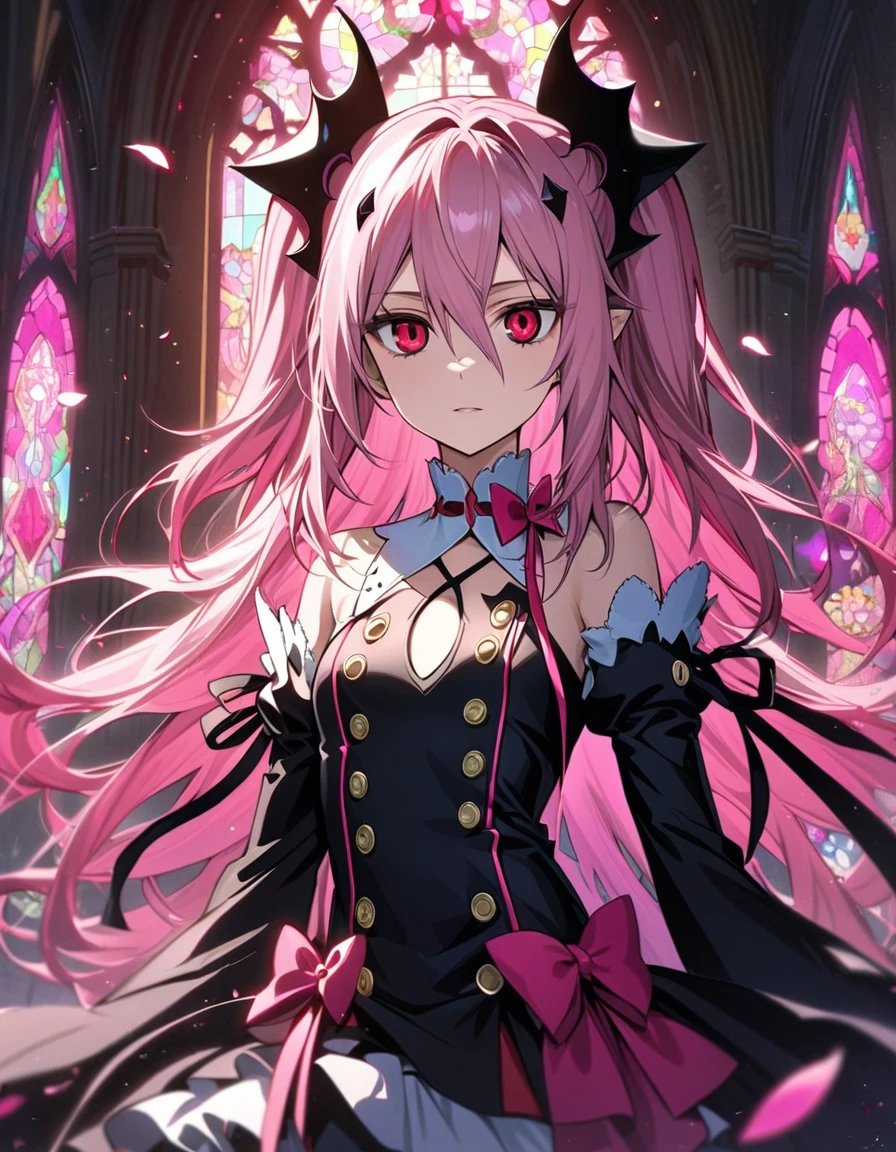 Ultra detailed, Highres, absurdres, HDR, Krul Tepes, pink long hair, expressive red eyes, Owari No Seraph, pink stained glass, pink flowers, petals, extremely beautiful, woman, perfect face, solo, very detailed eyes and face, pink glass, glittering, extremely pretty, black long dress