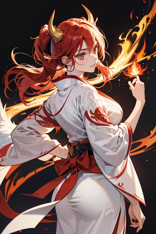 She wears a long white kimono with a red interior. The edge of its sleeves and hem are cut into flame designs. Like her human counterpart, Devil Kazumi wears her kimono with the material crossed right side over left, in the fashion reserved for the dead. She wears a white obi over her kimono which is tied with red rope about her waist. It has a gray butterfly shaped design at the back and a gold Mishima Zaibatsu logo at the front. She has red horns which curve slightly before pointing vertical, and flaming red and gold wings. SPARKLE; GLITTER