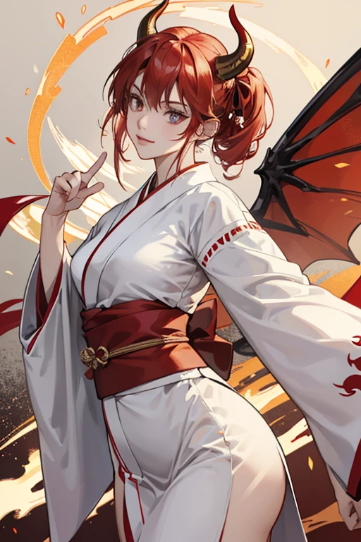 She wears a long white kimono with a red interior. The edge of its sleeves and hem are cut into flame designs. Like her human counterpart, Devil Kazumi wears her kimono with the material crossed right side over left, in the fashion reserved for the dead. She wears a white obi over her kimono which is tied with red rope about her waist. It has a gray butterfly shaped design at the back and a gold Mishima Zaibatsu logo at the front. She has red horns which curve slightly before pointing vertical, and flaming red and gold wings. SPARKLE; GLITTER