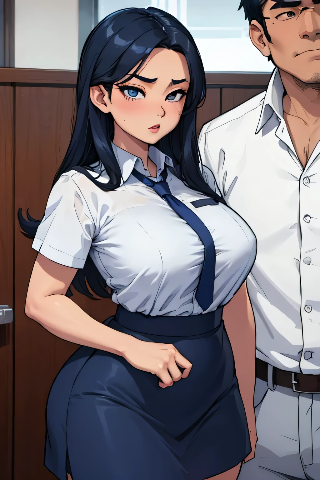 a hot asian girl with big and wide hips wearing a tiny dark blue skirt and a white shirt and a dark blue tie leaning on a mans chest sudusively
