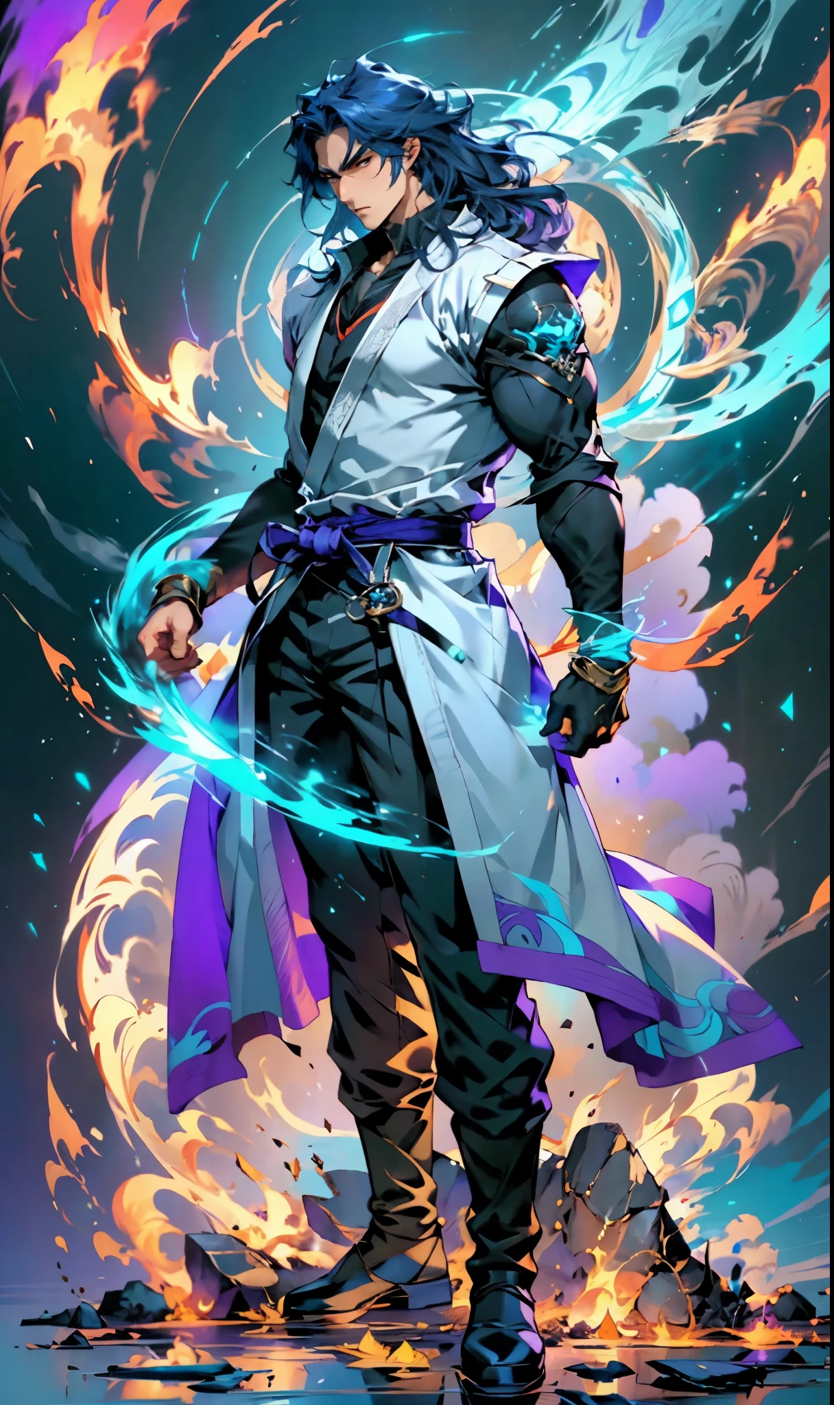 A man with medium-length teal blue long hair, middle part bangs, determined gaze, well-defined facial features, calm expression, sturdy physique, a fantasy-style white long coat with purple-blue patterns, asymmetrical hem, a black belt, gloves, fabric trousers, leather boots, blue and red energy swirling around him, impacting the grassland with their diffused aura, this character embodies a finely crafted fantasy martial arts-style hero in anime style, exquisite and mature manga art style, high definition, best quality, highres, ultra-detailed, ultra-fine painting, extremely delicate, professional, perfect body proportions, golden ratio, anatomically correct, symmetrical face, extremely detailed eyes and face, high quality eyes, creativity, RAW photo, UHD, 32k, Natural light, cinematic lighting, masterpiece-anatomy-perfect, masterpiece:1.5