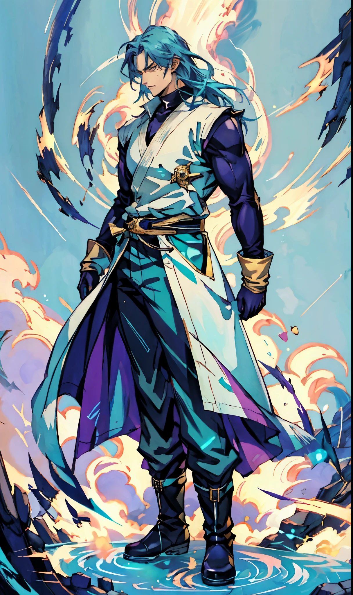 A man with medium-length teal blue long hair, middle part bangs, determined gaze, well-defined facial features, calm expression, sturdy physique, a fantasy-style white long coat with purple-blue patterns, asymmetrical hem, a black belt, gloves, fabric trousers, leather boots, blue and red energy swirling around him, impacting the grassland with their diffused aura, this character embodies a finely crafted fantasy martial arts-style hero in anime style, exquisite and mature manga art style, high definition, best quality, highres, ultra-detailed, ultra-fine painting, extremely delicate, professional, perfect body proportions, golden ratio, anatomically correct, symmetrical face, extremely detailed eyes and face, high quality eyes, creativity, RAW photo, UHD, 32k, Natural light, cinematic lighting, masterpiece-anatomy-perfect, masterpiece:1.5