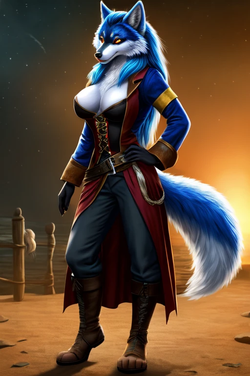 Female, anthro wolf, full breast, standing, perfect, realistic looking, fur body, fur all over, bioluminescent markings, very long hair, Pirate, fully clothed,