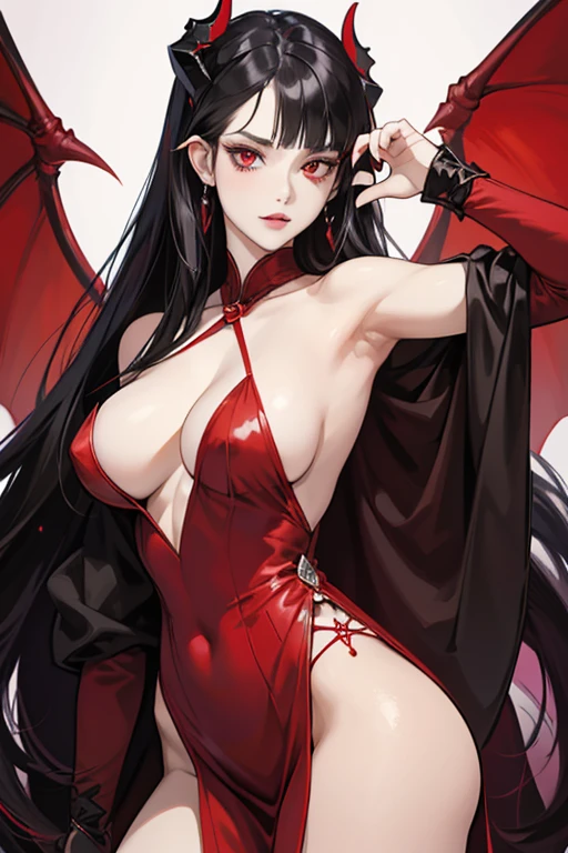 Eliza is a pale-skinned vampire with red eyes and black hair. She has a scrolling black tattoo between her shoulder blades and red horns protruding from the sides of her head.
Eliza though has straight triangular-shaped blunt bangs that cover her forehead, and she has three sets of sidelocks, one that stops at her eyes, the others at her mouth and her longest sidelocks dropping to her waist with the ends being crimson red, which fall over her shoulders. The hair behind her horns she wears short and well-coiffed in a bob type style, hinting that perhaps she did at one point have longer hair that was the same length as her side locks. SPARKLE; GLITTER