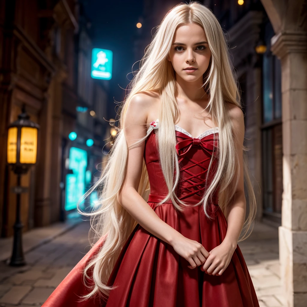 Emma Watson портретом, young real beautiful girl with long white hair, very slim, Slender pelvis, luminous threads are woven into her hair, red riding hood costume with red bow and neon light in front,she&#39;s like a fairy , enchantress,she is standing on the marble stairs,magical rose flowers are planted along the edges of the stairs,the staircase is illuminated with lanterns,atmospheric lighting is in the air,The sun is shining brightly,Sky is blue,high 32k.quality 8k,High texture detail,in good focus,