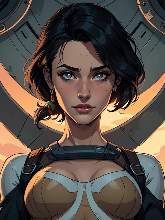 Personagem mulher estilo atompunk Fallout 4 cabelos pretos atriz Ella Purnell com marcas de guerras Imagem de desenho animado de uma mulher .Ilustracaoo estilo desenho animado, estilo de arte dos desenhos animados, estilo de arte dos desenhos animados, digital illustration style, estilo atompunk design de personagens altamente detalhado, arte digital detalhada coragem,actress Ella Purnell with black hair slim body Forest fan art, Design de cabelos pretos personagens de retrato, beautiful digital illustration, retrato de alta qualidade, Arte em quadrinhos, s . Eyelined eyes, medium bust and wonderful sexy clothes. image expression of sexual desire from waist to head illustration atompunk style Fallout 4 The perspective is from below, enfatizando a majestade e o poder da Gigante."atriz Ella Purnell cabelos pretos