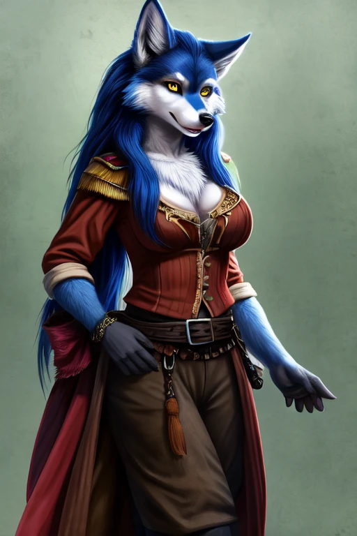 Female, anthro wolf, full breast, standing, perfect, realistic looking, fur body, fur all over, bioluminescent markings, very long hair, Pirate, fully clothed,